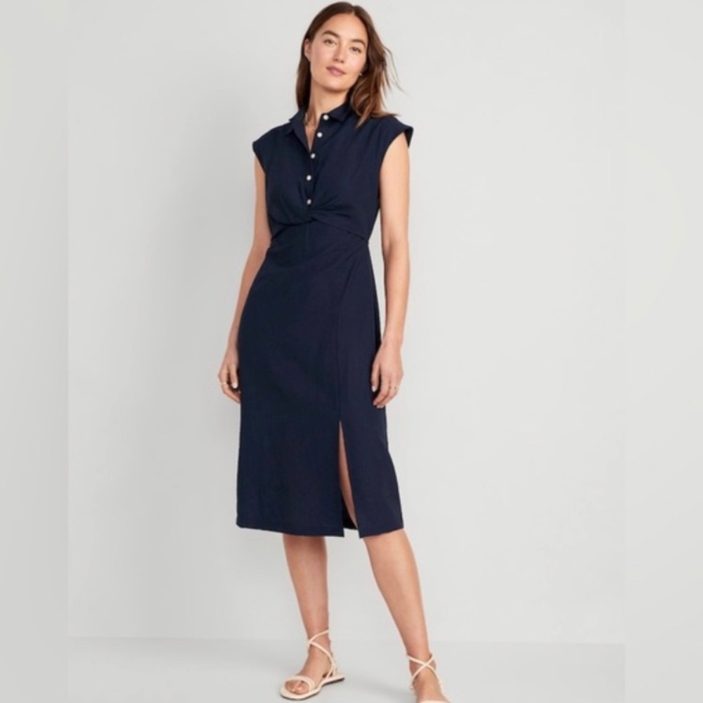 Old Navy Waist-Defined Twist-Front Midi Shirt Dress